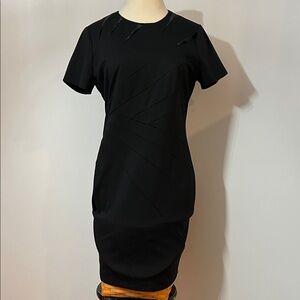 Black Short Sleeve Sheath Dress Round Neckline Velvet Accents Tailored Form Fit